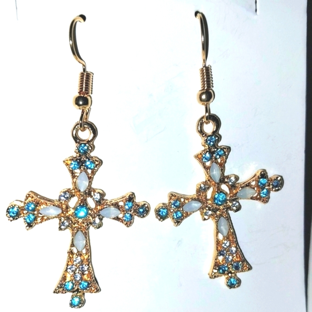 Ladies Vintage Elegant Gold and Blue Cross Earrings